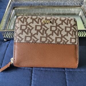 DKNY Small Tan and Brown Zip Wallet with Gold Color Hardware